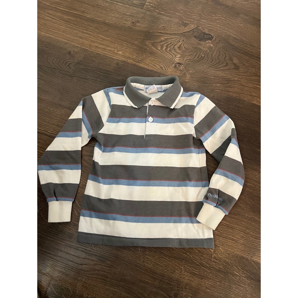 OshKosh B'Gosh Boys Striped‎ Long Sleeve Polo Shirt Grey Blue Size 6 Vintage